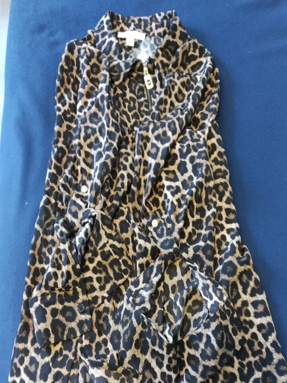 Michael Kors Full Zip Shirt Black/Brown Leopard Roll Tab Sleeves 2X
